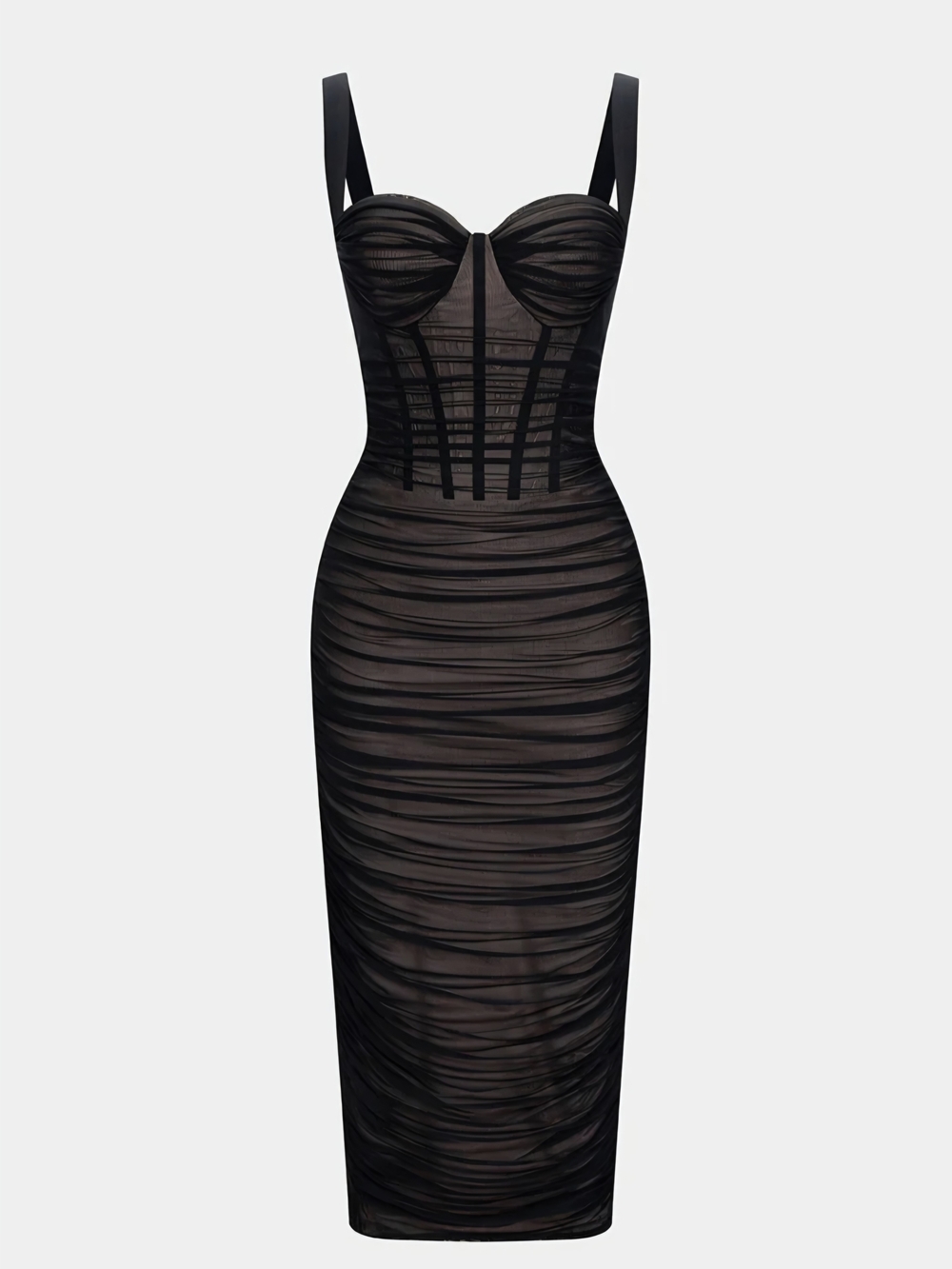 Micas Sheer Mesh Ruched Bustier Slip Sleeveless Midi Dress